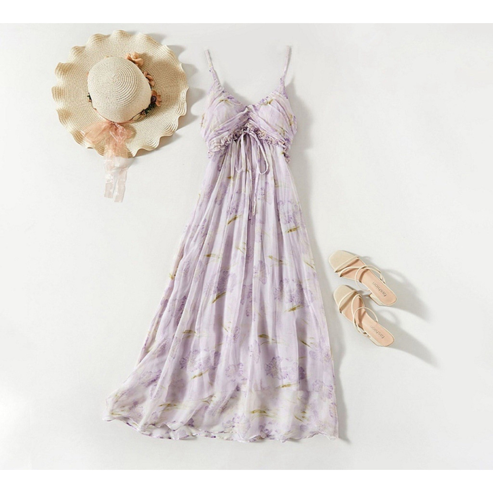 Light Purple Silk Dress Printed Pattern XS-S REAL SILK LIFE Chest 36